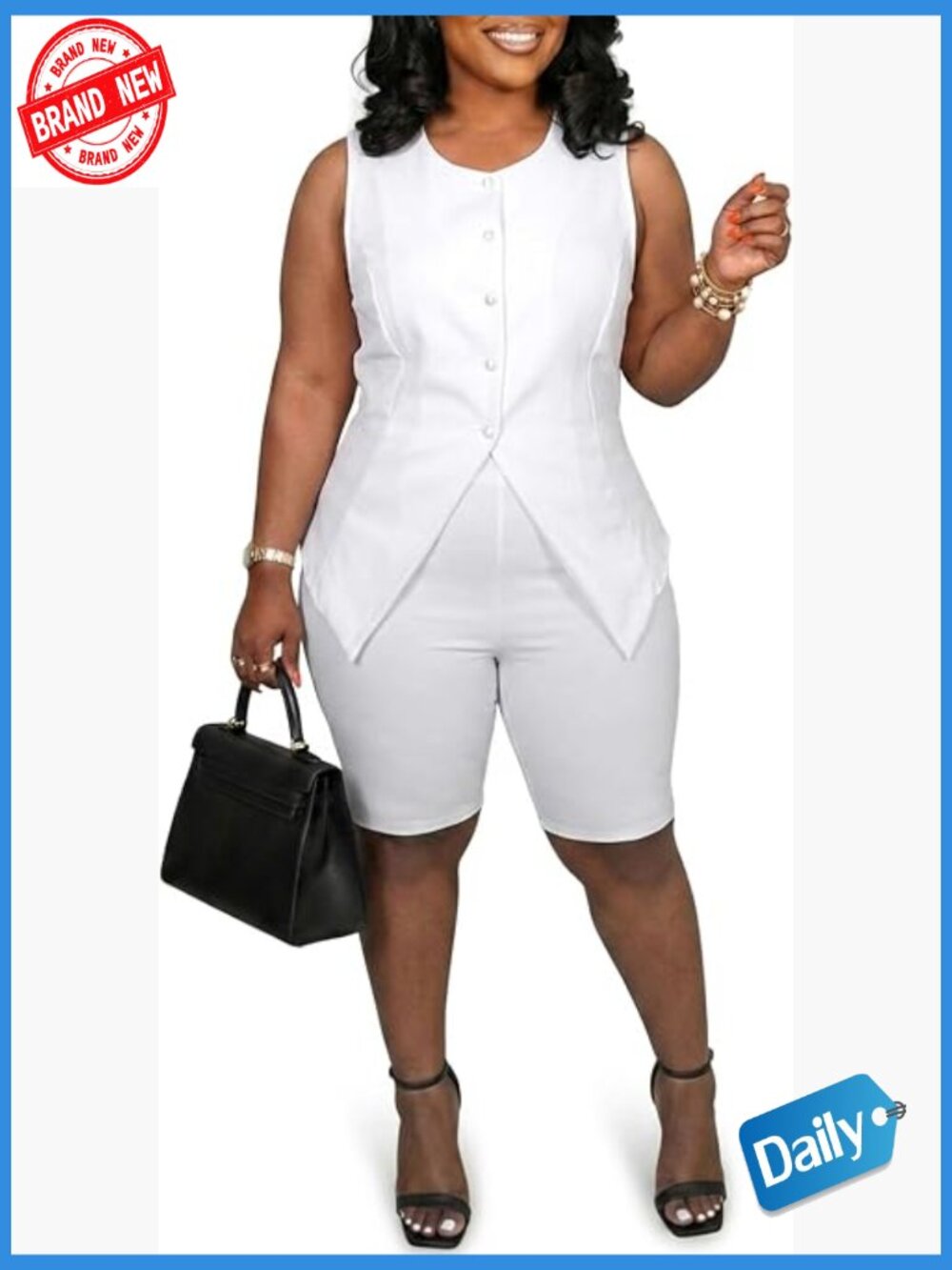 Plus Size Sleeveless Vest & Shorts 2 Piece Business Suit Set